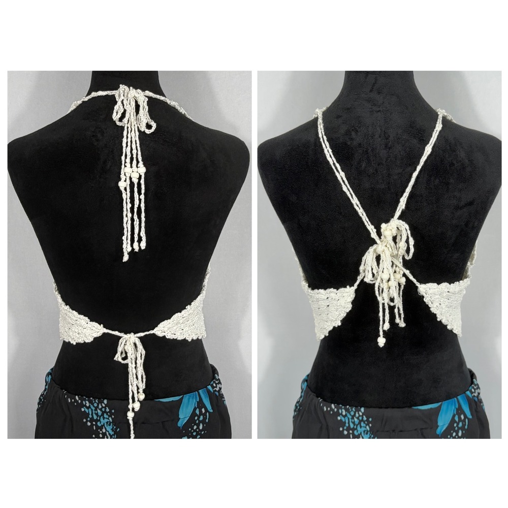 Vtg 90s Y2K EXPRESS Crochet Halter Top Med White Knit Beaded Tie Back Fairy Boho - Picture 4 of 8